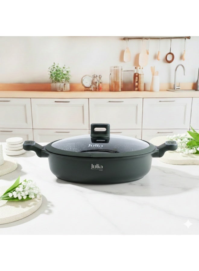 جوليا قِدر سطحي جوليا إيليت برو 32 سم مع غِطاء - أخضر - جرانيت أسود غير لاصق - يدعم الحث الحراري - Image 1